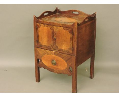 A George III mahogany tray top commode, with inlaid decoration, 53cm wide, 47cm deep, 81cm high