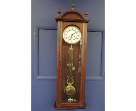 A mahogany cased Vienna wall hanging clock, twin weight movement with white enamel dial, 118cm