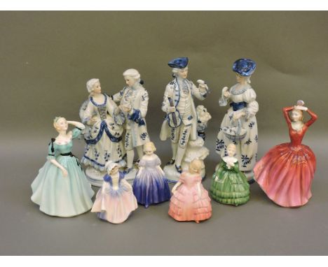 Six Royal Doulton figures, Celeste, Katrina, Rose, Belle, Marie, Dinty Do, and three further ceramic figures