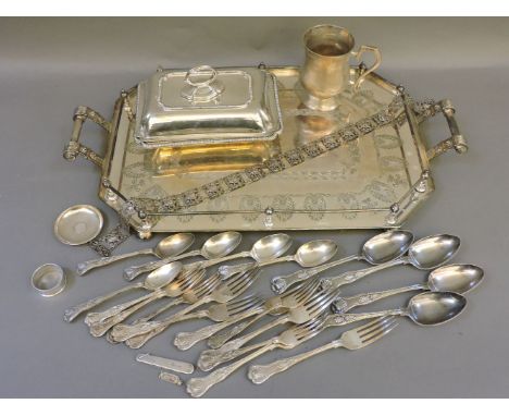 A Walker & Hall Sheffield butler's tray, with engraved detailing and gallery, an Edwardian silver belt, a silver fruit knife,