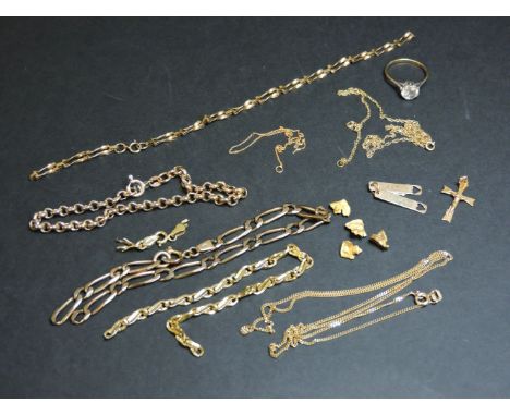 A single stone ring, stamped 9ct, a 9ct gold belcher bracelet, damaged, a 9ct gold gate bracelet, broken, a section of chain,