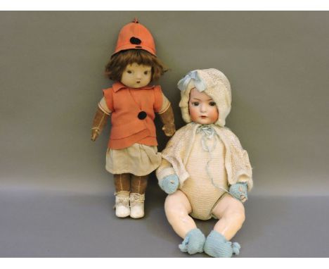 A Victorian bisque head doll, by Bruno Schmidt, BSW stamp, dressed, 54cm high, and a felt 'Lenci' type doll with kid leather 