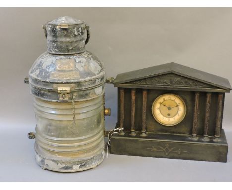 A Daveys ship's masthead lamp, another lamp, a pair of chrome gimbal wall lights, a slate clock, and moulding planes