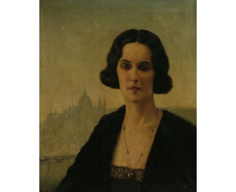 Benjamin Prins (Dutch, 1860-1934)PORTRAIT OF K SZEBEN-GERO, BUST LENGTH, WITH A VIEW OF A RIVER AND A CATHEDRAL BEHINDSigned,