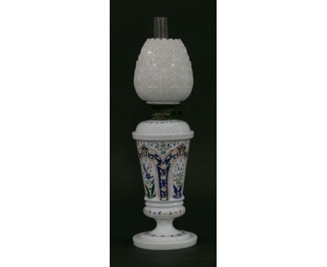 A Victorian white glass vase oil lamp,with painted decoration, lift-out reservoir, improved duplex burner and white moulded s