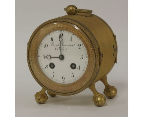 A gilt drum table clock,the painted enamel dial inscribed 'Brandt, Jeanrenaud et Robert', with a twin fusee movement striking