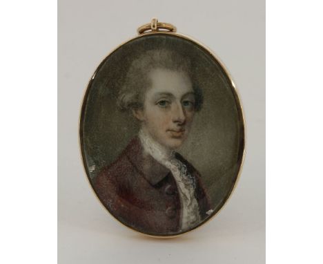 Circle of John Smart (1742/3-1811)PORTRAIT OF A YOUNG GENTLEMAN, BUST LENGTH, IN A PLUM-COLOURED COATMiniature on ivory40 x 3