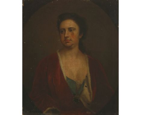 Circle of Michael Dahl (Swedish, 1659-1743)PORTRAIT OF A LADY, HALF LENGTH, WEARING A RED ERMINE-LINED CLOAK AND A JEWEL SUSP