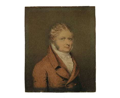 Adam Buck (1759-1833)PORTRAIT OF A GENTLEMAN, HALF LENGTH, IN A RED COATSigned and dated 1829 l.l., pen and ink and watercolo