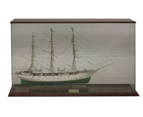 A scratch built model of the 'Danish Training Ship Danmark 1/8 scale',in a glazed and mahogany case,model 1m longcase 127cm l