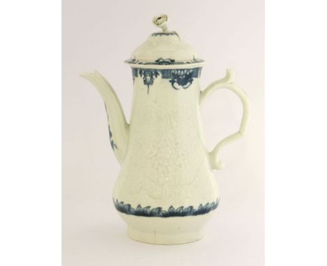 A Worcester Coffee Pot and Cover,c.1770-1790, the baluster-shaped body moulded with chrysanthemums and foliage within blue pa