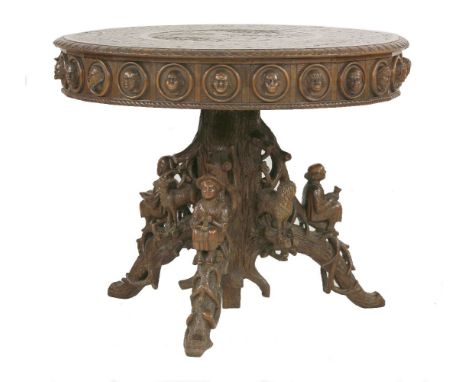 An extraordinary Black Forest carved walnut centre table,late 19th century, signed 'M.. Eugiane'(?), the circular top carved 