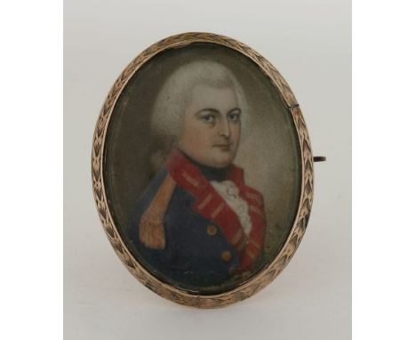 English School, c.1795PORTRAIT OF AN OFFICER OF THE 67TH FOOT, HALF LENGTH, IN UNIFORMMiniature on ivory45 x 35mm, in a gilt-