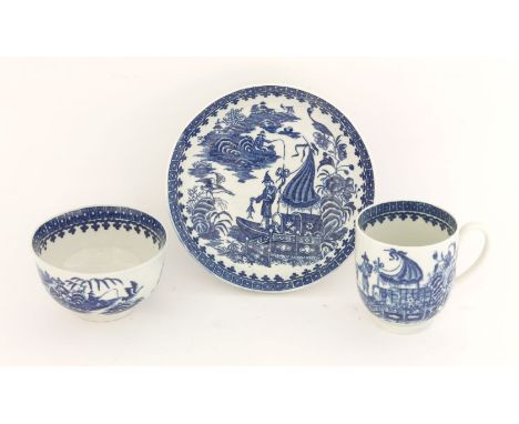 A Worcester blue and white Trio,c.1775-1790, in the 'Fisherman and Cormorant' pattern, hatched crescent mark,saucer 12cm diam