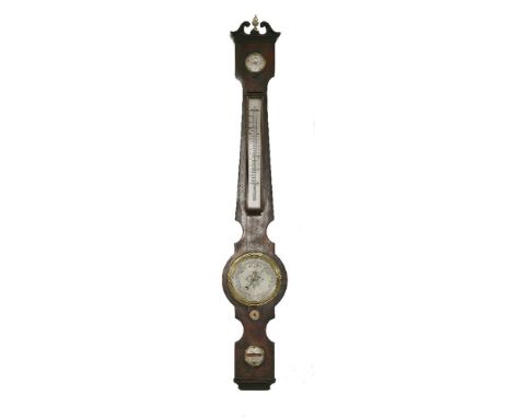 A rare mahogany wheel barometer,19th century, with 5in dial over a detachable thermometer and a small engraved dial, the leve