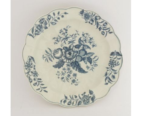 A Worcester blue and white Junket Dish,c.1770-1785, printed in the 'Pine Cone' pattern on a fluted body, hatched crescent mar