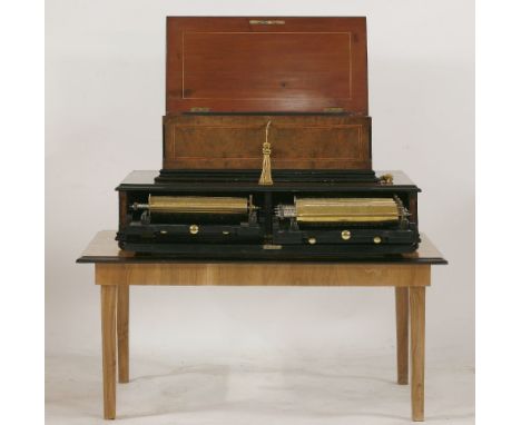 A walnut inlaid and ebonised musical box,by John Billon-Haller, Geneva, c.1890, with six interchangeable cylinders, each 28cm