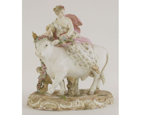 A Meissen group 'Europa and the Bull',the base with underglaze blue crossed swords and incised 'K 70',24cm high
