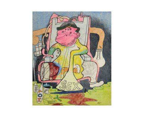 PETER SAUL (N. 1934)Sex  1964  signé et daté 64 pastel gras, encre et stylo-bille sur papier signed and dated 64 oilstick, in