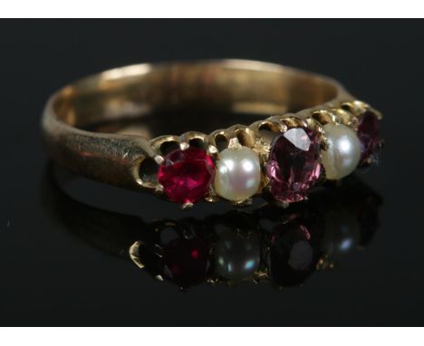 A nineteenth century five stone ring, test to 9ct Gold. Size J. Total weight: 1.7g.  