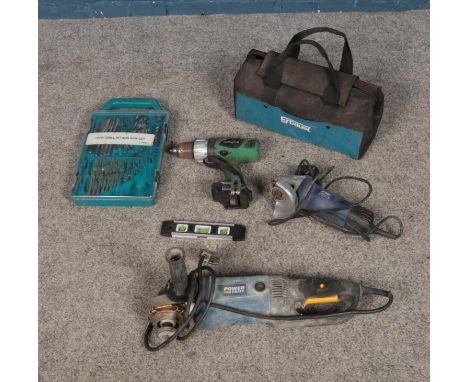 A quantity of assorted tools including Hitachi cordless drill, Kobe angle grinder, 75pc drill bit set, etc.  