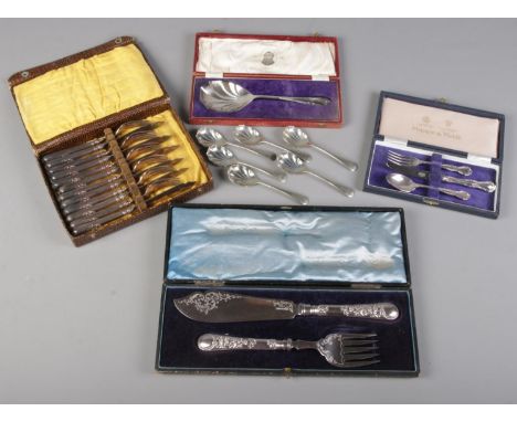 Four cased sets of flatware. Including fish knife &amp; fork, Mappin &amp; Webb, etc.  