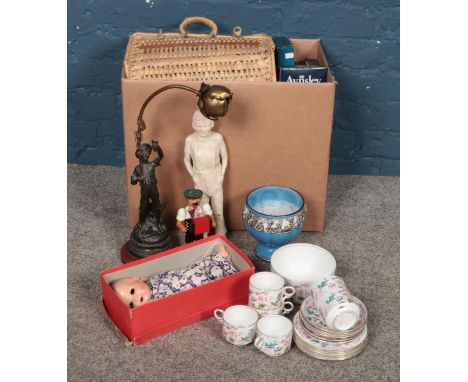 Two boxes of assorted items. To include Fenton cup, saucer and side plate teaset, boxed doll, Arcadian ware bowl, figural tab