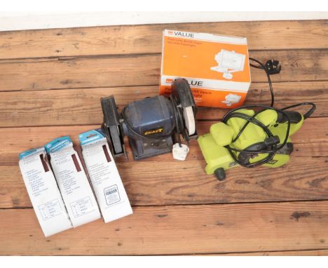 A Guild belt sander, together with a disk sander additional sanding belts and floodlight.  