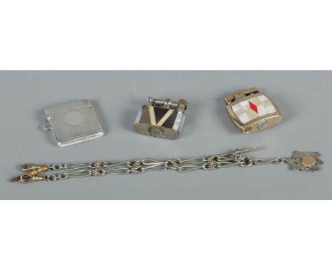 A silver bodied cigarette lighter and match strike, together with a silver plated albert chain and silver fob and two additio