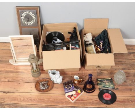 Two boxes of miscellaneous to include novelty elephant teapots, toilet mirror, quartz wall clock, Czech tea service, etc.  