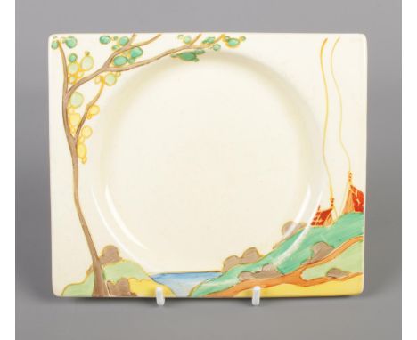 A Royal Staffordshire Clarice Cliff Bizarre Biarritz plate decorated in the Secrets design. 15.5cm x 18.5cm.  Chips to three 
