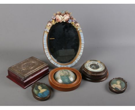 A small assortment of collectables. To include a hinged silver topped trinket box (Sheffield, 1992, Carr's of Sheffield Ltd),