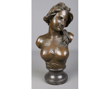 After Jean-Leon Gerome, a bronze sculpture, bust of a maiden. Raised on marble socle base. Signed to the back. 41cm.  