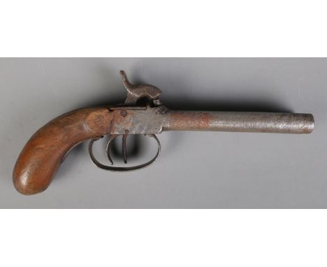 A 19th century double barrel percussion cap pistol. Length 21.5cm. CANNOT POST OVERSEAS  Does not cock.