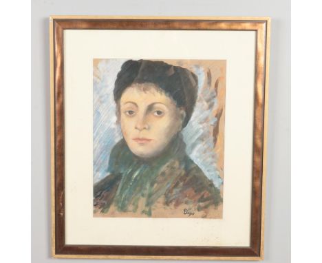 After Edgar Degas, a framed pastel, portrait of Josephine Gaujelin. 36cm x 30cm.  