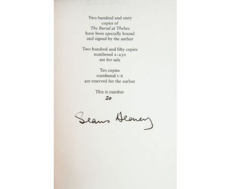 HEANEY, SEAMUS. Burial at Thebes, LIMITED EDITION, 20/250, Faber London 2004, specially bound, in slipcase, signed by Seamus 
