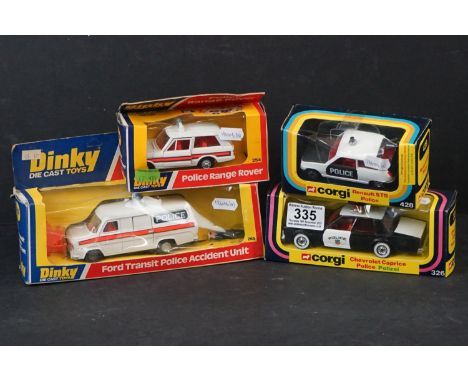 Four boxed diecast Police vehicles, to include Dinky Ford Transit Police Accident Unit 269, Dinky Police Range Rover 254, Cor