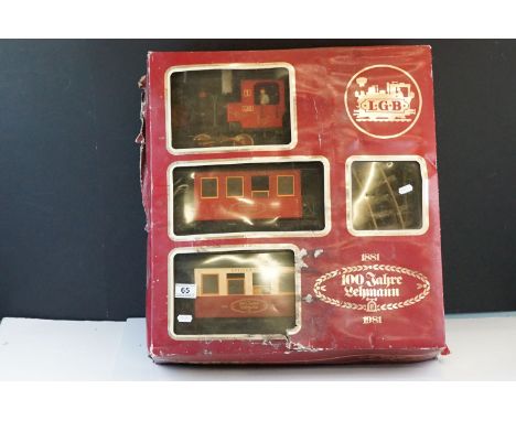 Boxed Lehmann G scale 100 Years of Lehmann train set with locomotive, 2 x items of rolling stock, track and 2 x figures, nr c