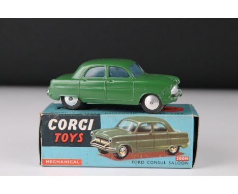 Boxed Corgi 200m Mechanical Ford Consul Saloon diecast model in green, ex with gd box showing some wear 