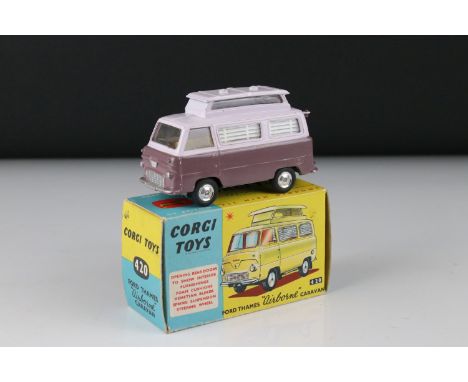 Boxed Corgi 420 Ford Thames Airborne Caravan diecast model in two tone pink/lilac, couple of paint chips otherwise vg, box gd