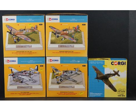 Five Boxed Corgi Anniversary Edition 1/72 diecast models to include AA27603 Hawker Hurricane Mk.1 - AN32224 P51D Mustang - AN