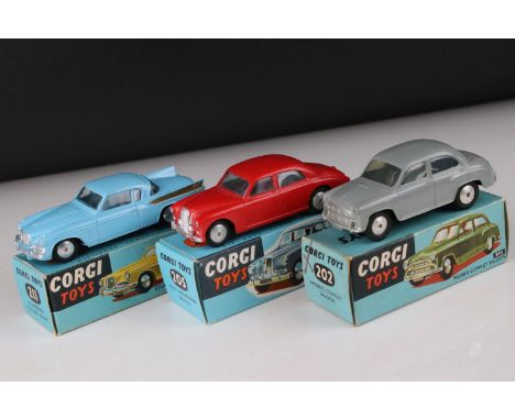 Three boxed Corgi diecast model to include 211 Studebaker Golden Hawk in sky blue, 205 Riley Pathfinder Saloon in red and 202