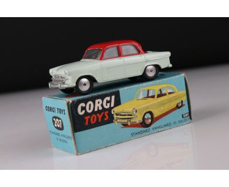 Boxed Corgi 207 Standard Vanguard III Saloon diecast model in white body with red roof, diecast ex, gd box showing edge wear 