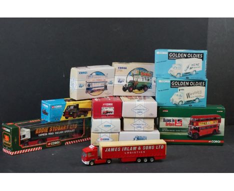 Collection of 13 boxed Corgi diecast models to include Public Transport, Commercials, Road Transport, Golden Oldies &amp; Edd