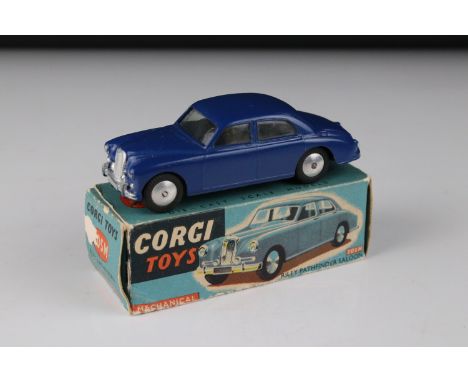 Boxed Corgi 205M Mechanical Riley Pathfinder Saloon diecast model in blue, with Corgi paperwork, diecast ex, box gd with edge