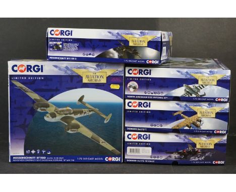 Five Corgi Aviation Archive ltd edn 1-72 diecast models to include AA38507 Messerschmitt Bf1 10E-2 - AA35311 North American B