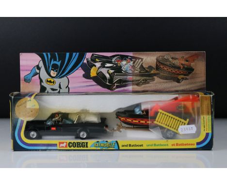Boxed Corgi Batmobile and Batboat diecast model set, complete with Batman &amp; Robin figures, full set of unused missiles, r