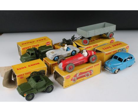 Seven boxed Dinky diecast models to include 232 Alfa Romeo Racing Car in red, 428 Trailer (Large), 110 Aston Martin DB3 Sport