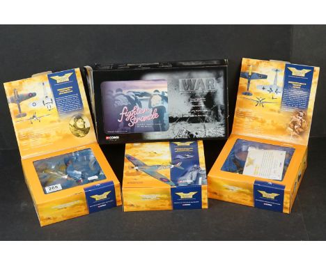 Three 1:72 Corgi Aviation Archive diecast models to include Hawker Hurricane Mk1 No257 Sqn RAF Sqn Ldr Stanford Tuck, Messers