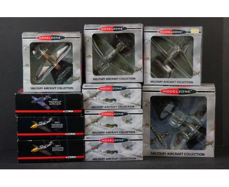 Seven Boxed Oxford Diecast ModelZone 1/72 diecast models to include Hawker Typhoon IB - Douglas Dauntless SBD-5 - Junkers Ju8